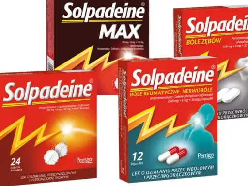 Opakowania leków Solpadeine z paracetamolem, kodeiną i kofeiną w tabletkach i kapsułkach. Pomoc w bólu zębów, reumatycznym i gorączce.