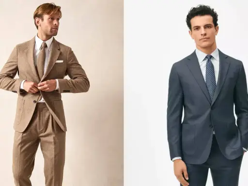 Two men in suits. The man on the left wears a brown tweed suit, demonstrating what is semiformal. The man on the right wears a dark grey suit.