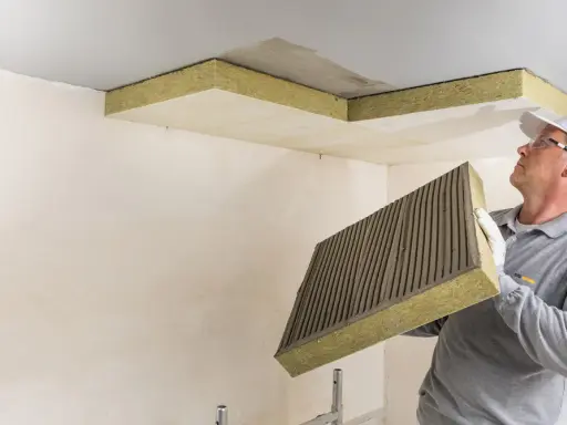 Mann mit Kleber auf Dämmplatte bereitet vor, die Decke zu isolieren.