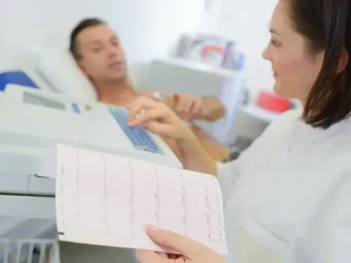 Pielęgniarka analizuje zapis EKG, który pokazuje, jakie są badania serca. Pacjent leży podłączony do aparatury.