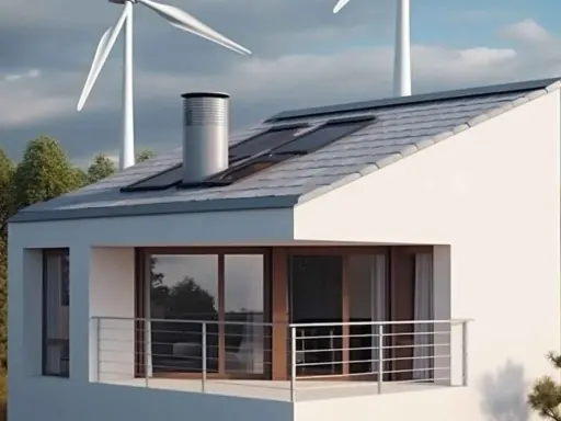 Ein modernes Einfamilienhaus mit Solarpaneelen und einer Kleinwindkraftanlage im Hintergrund, die für nachhaltige Energie sorgt.