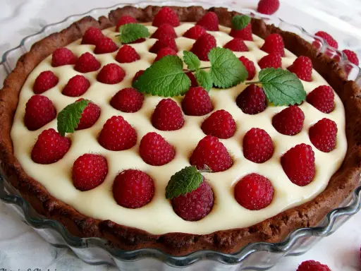 Tarta z mascarpone i białą czekoladą, ozdobiona malinami i miętą. Pyszny deser na każdą okazję.