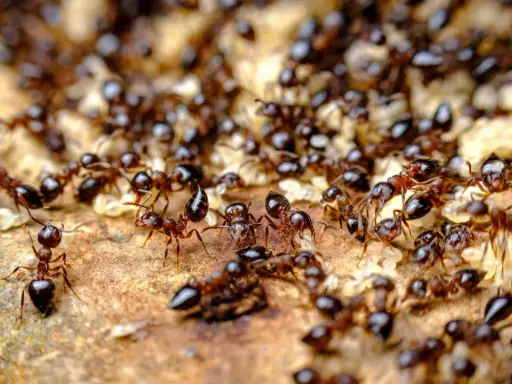 A swarm of ants, some carrying larvae, move across a textured surface. Their antennae are raised, hinting at why do ants smell and communicate.