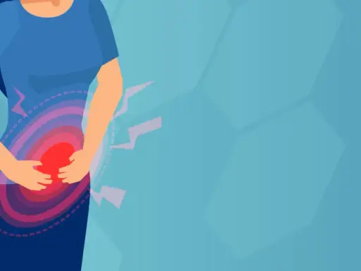 Person med magsmärtor, illustration som visar smärtområde och blixtar. Kan symbolisera behovet av ibs behandling.