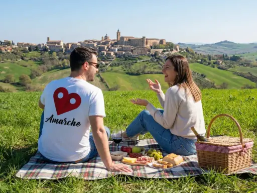 Coppia in un prato verde con vista su un borgo collinare. Perfetto per scoprire cosa fare a Pasquetta nelle Marche con un picnic.