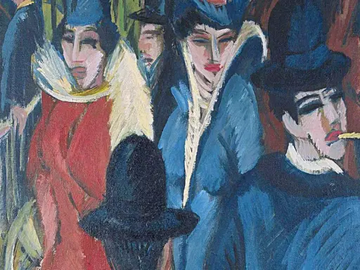 Expressionismus vertreter: Menschen mit markanten Gesichtern und Hüten in leuchtenden Farben. Ein Mann raucht, eine Frau trägt einen blauen Mantel.