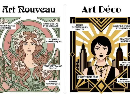 Comment reconnaitre l'art déco : lignes géométriques, composition symétrique, palette noir et or, formes angulaires. L'image oppose ces caractéristiques à l'Art Nouveau.