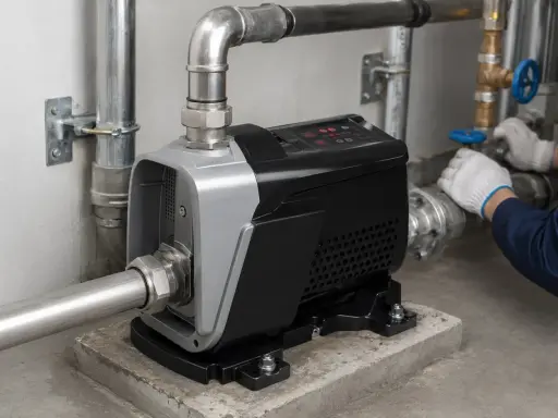 Pompa per acqua con pannello digitale. Un tecnico con guanti bianchi regola una valvola, forse per controllare il rumore pressione acqua.