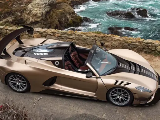 Der Hennessey Venom F5 Roadster in Goldbraun steht an einer felsigen Küste. Sein aggressives Design mit großem Heckspoiler und dunklen Streifen zieht alle Blicke auf sich.