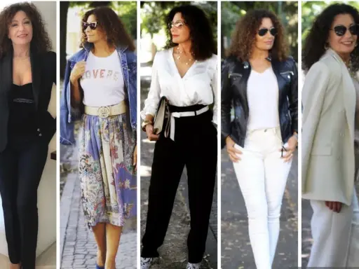 Donna con capelli ricci sfoggia diversi outfit eleganti, dimostrando il suo innato senso dello stile.