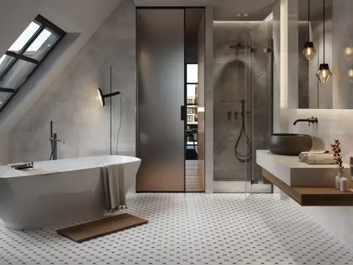 Moderne Badezimmer-Fliesen-Ideen: Freistehende Wanne, Dusche und Waschbecken mit Betonoptik.