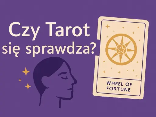 Czy tarot się sprawdza? Grafika z pytaniem i kartą Koło Fortuny, obok profil kobiety.