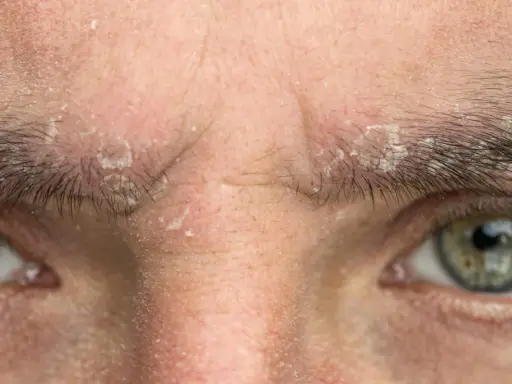 Gros plan sur un sourcil qui gratte et pèle, avec des squames blanches visibles sur la peau et entre les poils.