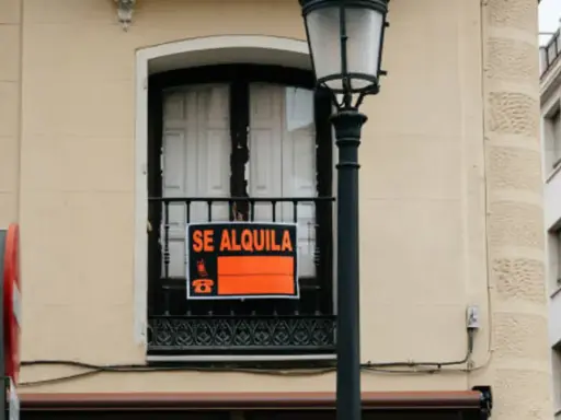 Balcón con cartel "SE ALQUILA" y farola, quizás esperando inquilinos bajo la nueva ley de arrendamiento.