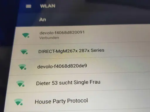 WLAN-Liste mit verschiedenen Netzwerkname Beispiel: "devolo-f4068d820091", "DIRECT-MgM267x 287x Series", "Dieter 53 sucht Single Frau" und "House Party Protocol".