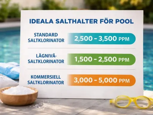 Tabell visar ideal salthalt för poolen beroende på saltklorinator. Frågan "hur mycket salt i poolen" besvaras med olika PPM-intervall.