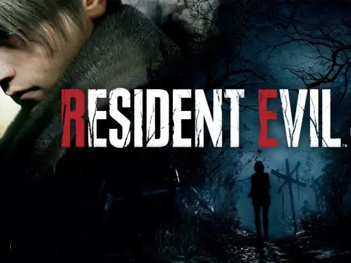Leon S. Kennedy w mrocznym lesie, obok napisu Resident Evil 4. Ten obraz to świetny wstęp do poradnika Resident Evil 4.