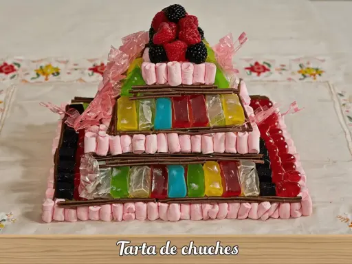 Una pirámide de tartas de gominolas, con capas de malvaviscos rosas, gominolas de colores y frutos rojos en la cima.