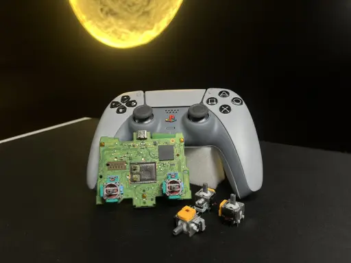 Na zdjęciu widać rozłożony kontroler DualSense z płytką drukowaną i kilkoma joystickami.