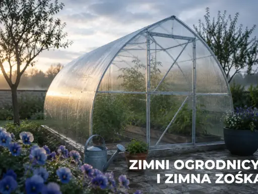 Szklarnia w ogrodzie o wschodzie słońca, z kwiatami i konewką. Czas na zimni ogrodnicy, kiedy pogoda bywa kapryśna.