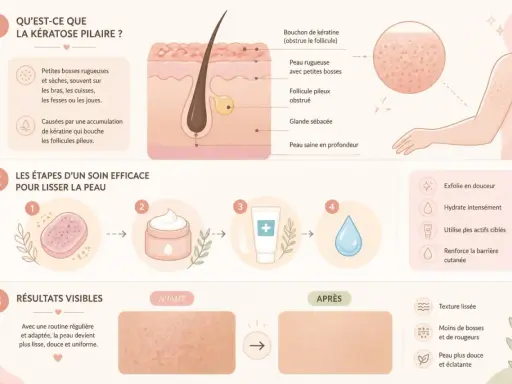 Illustration expliquant la kératose pilaire, ses causes et les étapes d'un soin pour lisser la peau, transformant une peau rugueuse type "peau de fraise" en une peau lisse.