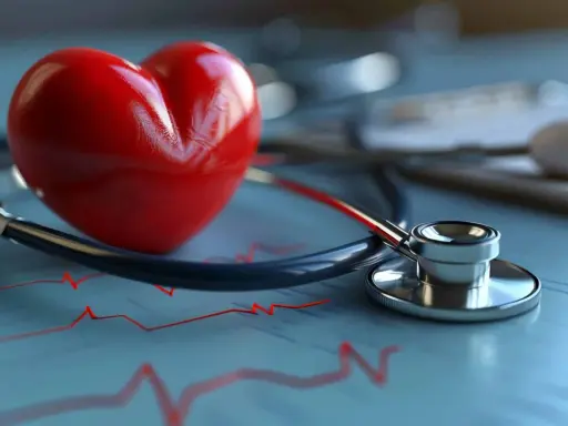 Czerwone serce, stetoskop i wykres EKG symbolizują zdrowie i prawidłowe tętno u dzieci.
