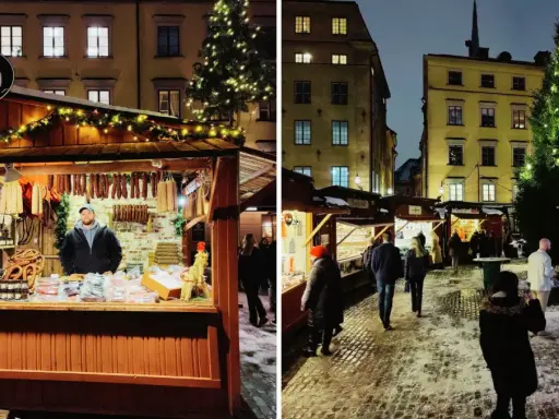 Julmarknad på Stortorget med snö på marken, julgranar och försäljningsstånd med korv och godsaker.