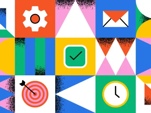 Icônes colorées : engrenage, enveloppe, cible, coche, horloge. Une illustration abstraite pour une application de tâches à faire.