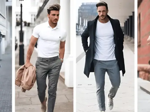Four men showcase stylish gray pants outfits, from casual to smart-casual looks.