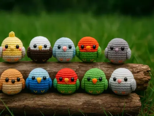 Diez adorables pajaritos de ganchillo, de varios colores, sentados en un tronco. ¡Perfectos patrones para crear tu propia bandada!