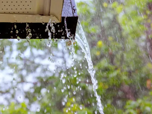 Acqua piovana che scorre da una grondaia, un esempio di impianto recupero acqua piovana pro e contro.