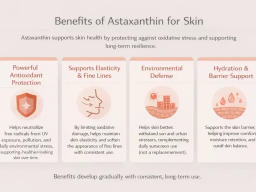 Les bienfaits de l'astaxanthine pour la peau : protection antioxydante, élasticité, défense environnementale et soutien de la barrière cutanée.