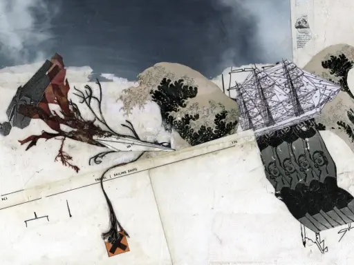 A dramatic collage art piece depicting a sailing ship navigating stormy seas, with elements of seaweed, a skull and crossbones, and a row of faces.