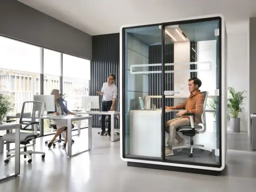 Aménagement open space ergonomique : un bureau moderne avec des postes de travail ouverts et une cabine insonorisée pour la concentration.