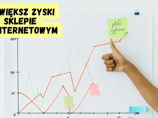 Wykres wzrostu zysków w sklepie internetowym. Kciuk w górę i notatka "pliki cyfrowe" sugerują sukces tej formy sprzedaży.