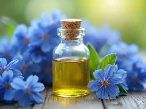 Flacon d'huile de bourrache aux multiples bienfaits, entouré de fleurs bleues délicates sur fond vert.