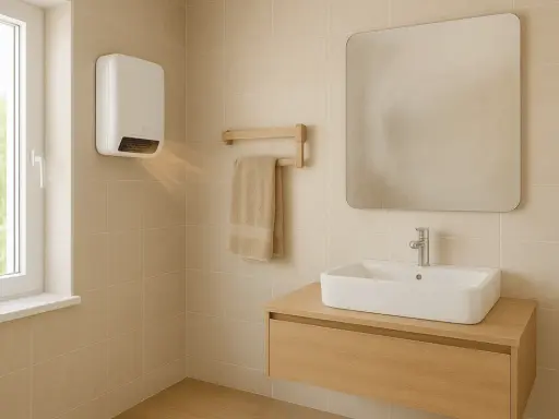 Chauffage salle de bain mural blanc diffusant une douce chaleur. Un porte-serviettes en bois avec une serviette beige est accroché à côté.