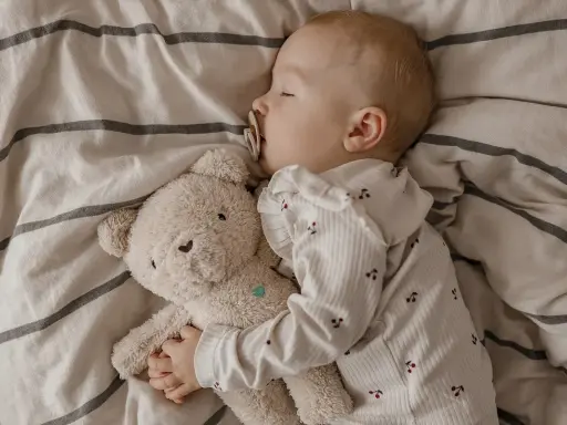 Kleines Kind schläft friedlich mit Teddybär. Die **Schlafregression 1 Jahr** ist eine Herausforderung, aber dieser süße Anblick tröstet.