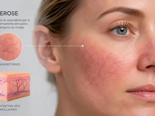 Gros plan sur le visage d'une femme montrant la couperose, avec des vaisseaux sanguins dilatés sur les joues. Des schémas expliquent la dilatation des capillaires.