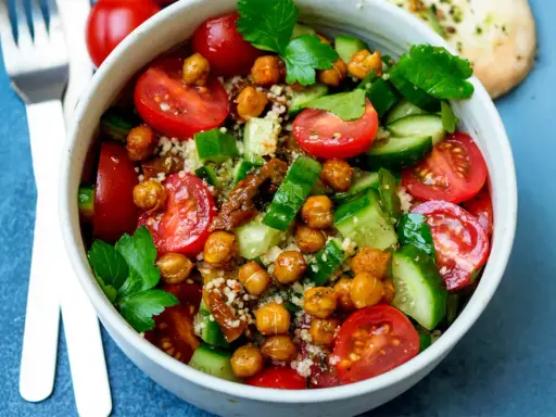 Frischer Couscous-Salat mit Kichererbsen, Tomaten und Gurken, garniert mit Petersilie.