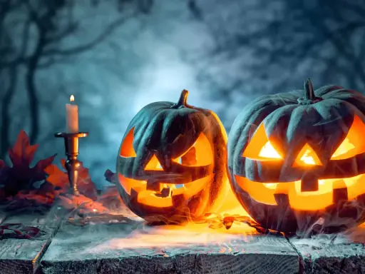 Zwei gruselige Kürbisse leuchten im Nebel, umgeben von Kerzen und Herbstlaub. Die wahre Bedeutung von Halloween liegt in dieser unheimlichen Atmosphäre.