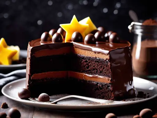 Un délicieux gâteau sucré au chocolat, garni de boules de chocolat et d'étoiles jaunes. Une part a été coupée, révélant ses couches moelleuses.