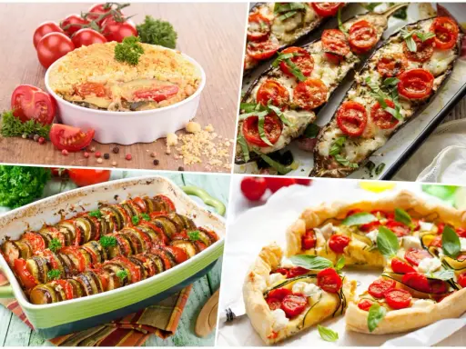 Quatre plats d'été colorés : gratin de légumes, aubergines farcies, ratatouille et tarte salée. Parfaites pour une recette été.