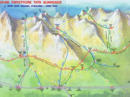 Mapa turystyczna ukazująca najpiękniejsze szlaki w Tatrach Słowackich, z zaznaczonymi dolinami Wielicką, Staroleśną i Zimną Wodą.