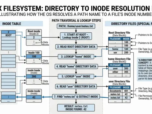 Schemat pokazuje, jak system Linux odnajduje plik, przechodząc przez katalogi, by join js do jego numeru inode.