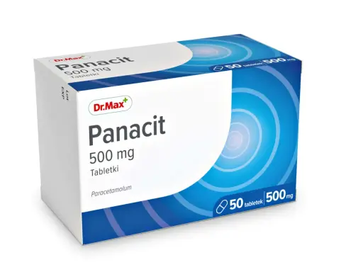 Opakowanie leku Panacit 500 mg, zawierające 50 tabletek z paracetamolem. Idealny na ból głowy.
