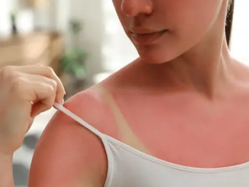 Épaule rouge vif, signe d'un coup de soleil. Une main tire la bretelle d'un débardeur blanc, révélant la peau brûlée par le soleil. Que mettre sur un coup de soleil ?