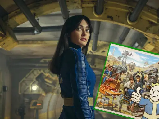 Kobieta w niebieskim kombinezonie z serii Fallout, obok wesoły Vault Boy i scena z postapokaliptycznego świata.