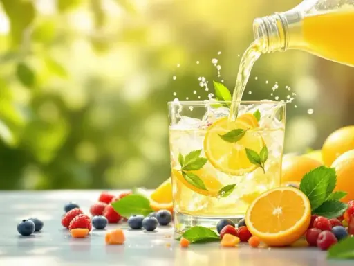 Verre de boisson rafraîchissante avec des rondelles de citron et des feuilles de menthe, arrosé d'un liquide jaune. Autour, des fruits rouges, des myrtilles et des oranges. Une boisson parfaite pour l'hydratation, une eau electrolyte naturelle.