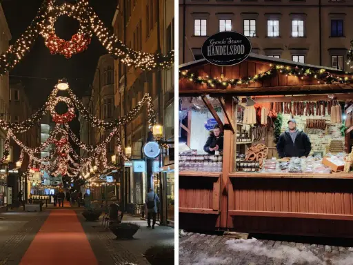 Julbelysning i Stockholm skapar magi på en marknad. En bod säljer korv och godsaker.